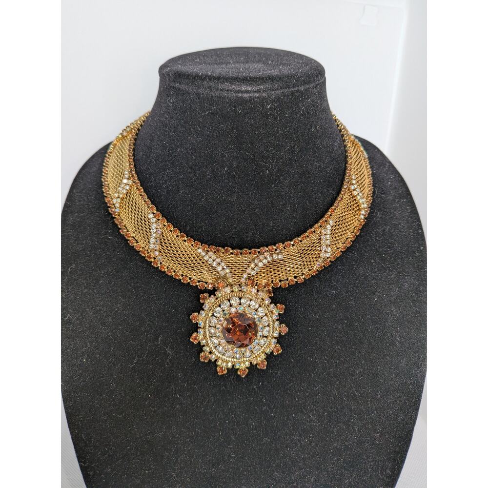Hob Vintage Gold Mesh Brown Crystal Rhinestone Collar Necklace Hook Clasp Sign 286$
